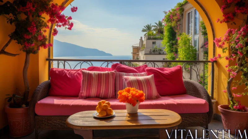 Vibrant Mediterranean-inspired Balcony with Wicker Chair AI Image
