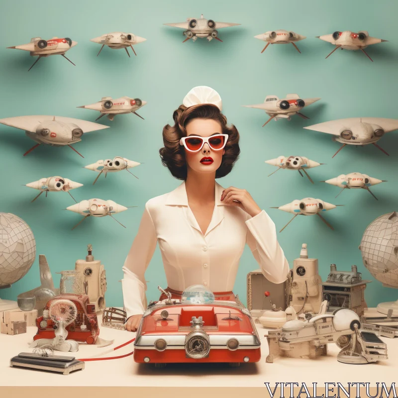 Vintage Woman Amidst Retro-Futuristic Gadgets AI Image