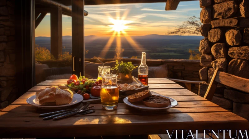 Wooden Table and Chairs in Golden Light | Mountainous Vistas AI Image