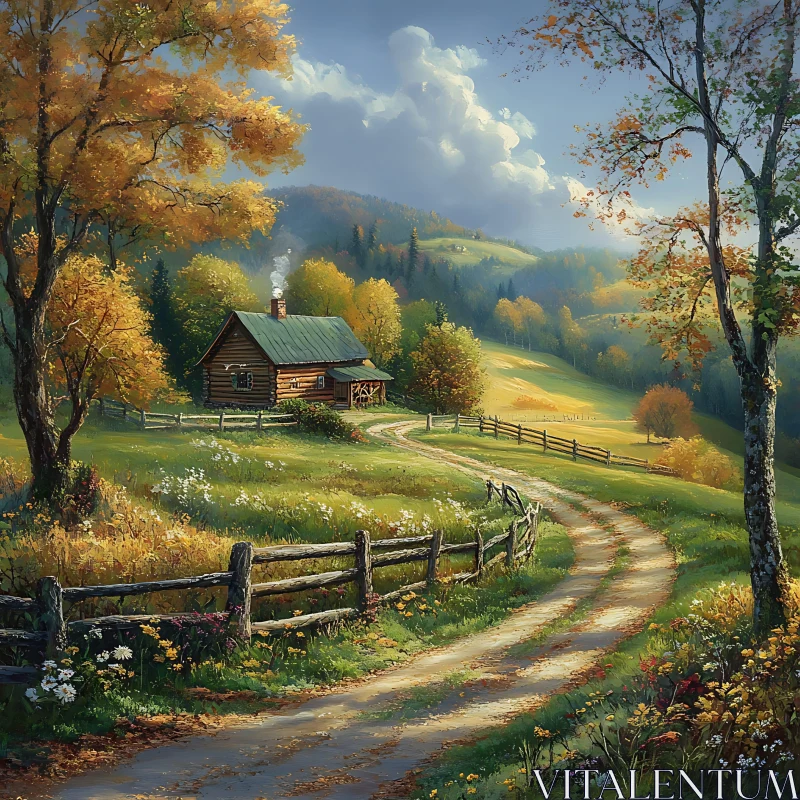 AI ART Cabin in Autumn Landscape