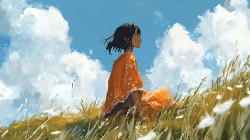 Girl in Meadow Art Illustration