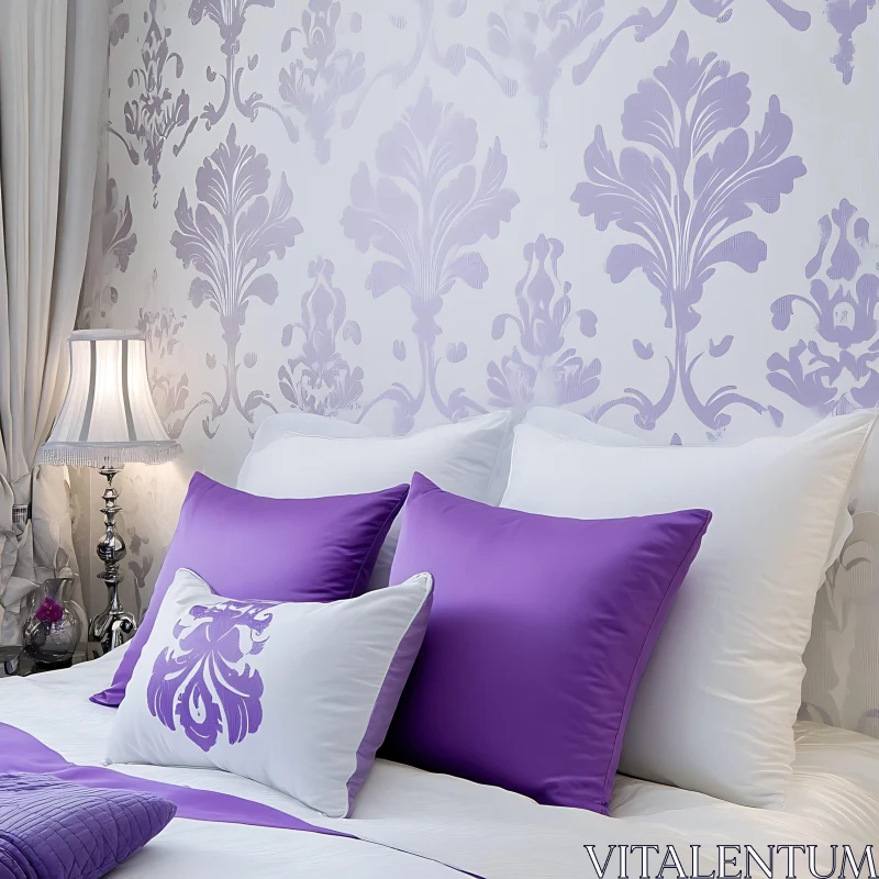 Serene Bedroom Interior with Floral Wallpaper AI Image