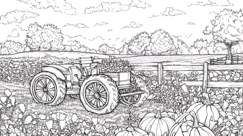 Monochrome Farm Scene with Tractor