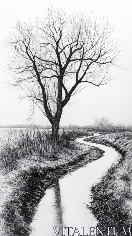 AI ART Solitary Winter Tree and Stream