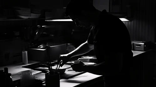 Chef Cooking in Dimly Lit Kitchen