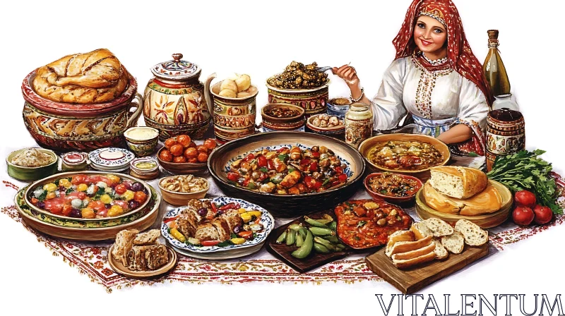 Rich Table with Woman in Traditional Dress AI Image