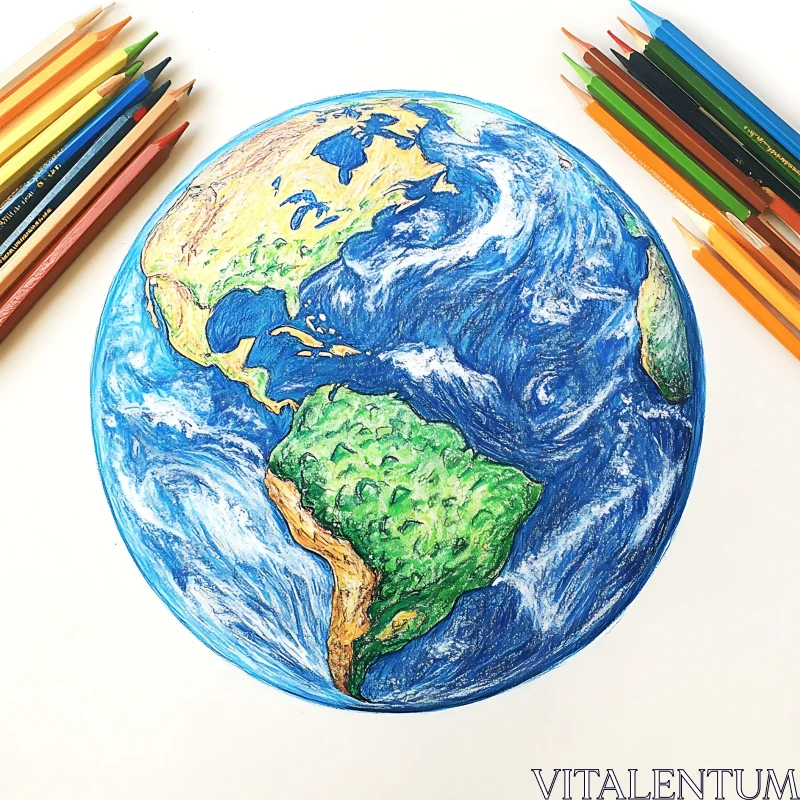 Colored Pencil Drawing of Earth AI Image