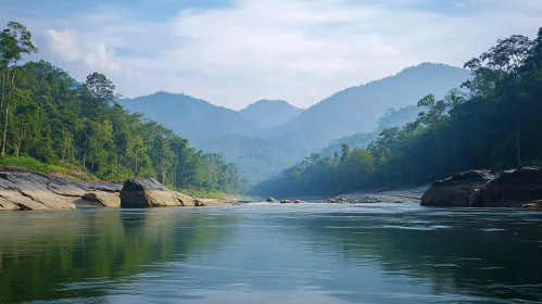 Tranquil River with Mountain Views and Forested Banks