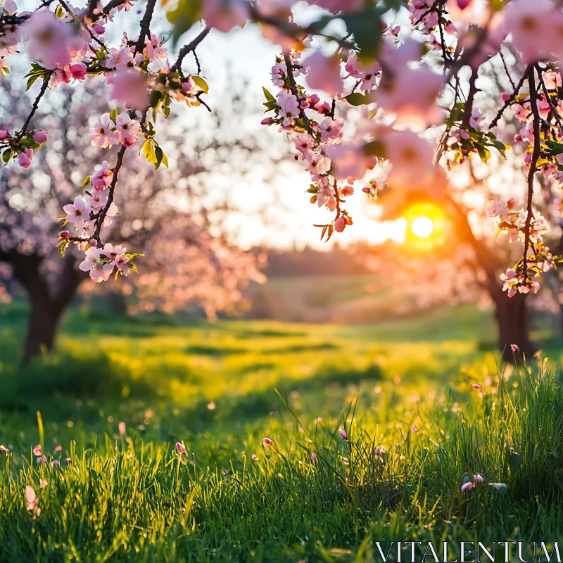 AI ART Sunset Meadow with Blossoming Trees