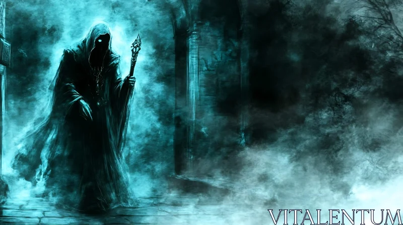 Mystic Figure in Turquoise Haze AI Image