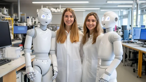 Scientists with Humanoid Robots in Lab