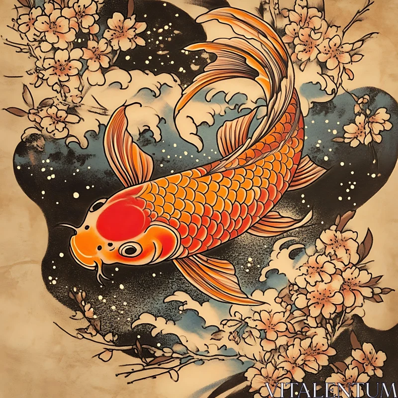 Japanese Tattoo Art of Koi Fish and Cherry Blossoms AI Image