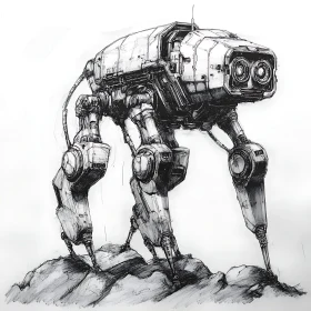 Monochrome Robot Walker Illustration