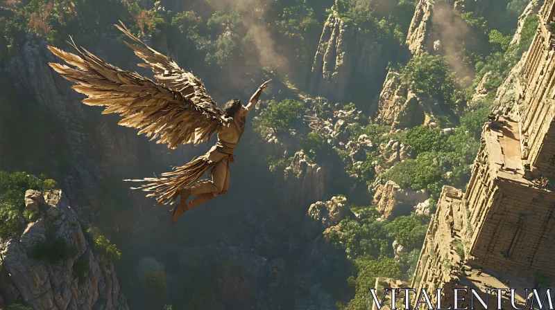 Winged Figure Above Rocky Peaks AI Image