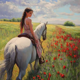 Girl on Horseback in Floral Meadow