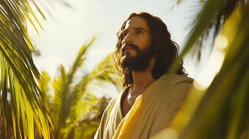 Man Gazing Upward in Palm Garden