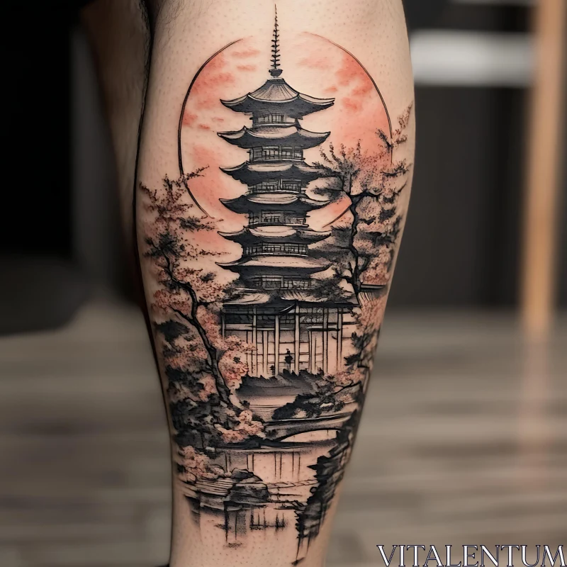 Traditional Japanese Pagoda Tattoo Art AI Image