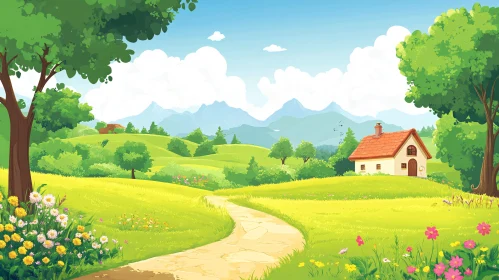 Cartoon Countryside Scene with Cottage