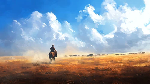 Lone Cowboy and Cattle in Western Landscape