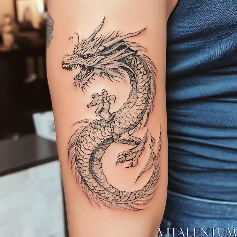 Detailed Black and Grey Dragon Arm Tattoo AI Image