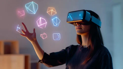 Woman in VR Headset with Geometric Shapes