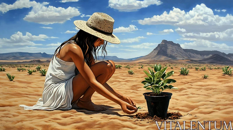 Woman Planting in Arid Desert Landscape AI Image