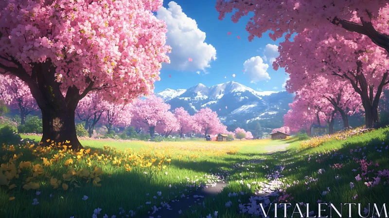 Spring Blossom Meadow with Mountain View AI Image