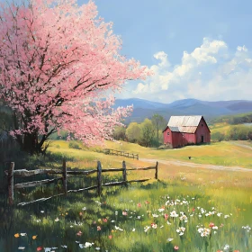 Red Barn and Blossom Tree in Meadow