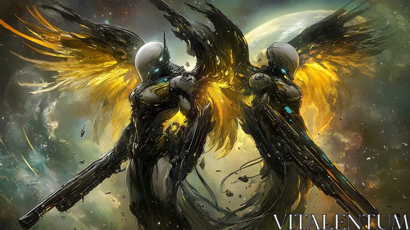 AI ART Celestial Guardians: Cyborg Angels in Space