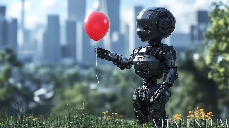 AI ART Mechanical Being with Red Balloon