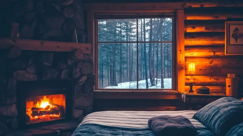 Winter Cabin Interior with Fireplace and Forest View