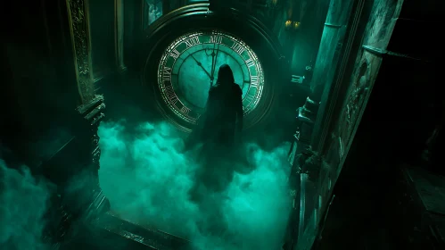 Hooded Silhouette in Emerald Mist