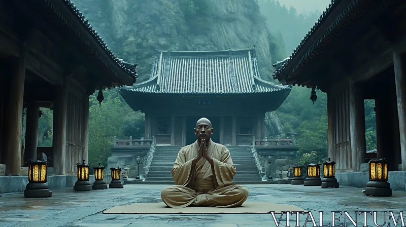 Zen Monk in Temple Courtyard AI Image