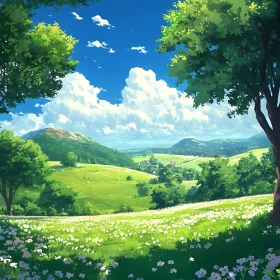 Serene Meadow Scene with Blue Sky