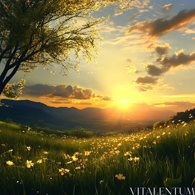 AI ART Tranquil Meadow Sunset Landscape