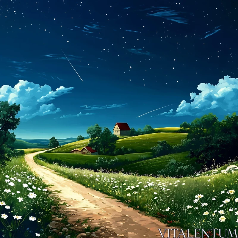 AI ART Starry Night Path to Rural Houses