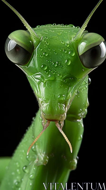 Captivating Close-Up of Green Praying Mantis with Water Drops AI Image