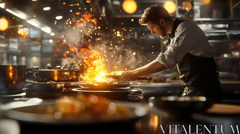 Focused Chef Cooking in a Modern Kitchen with Flames AI Image