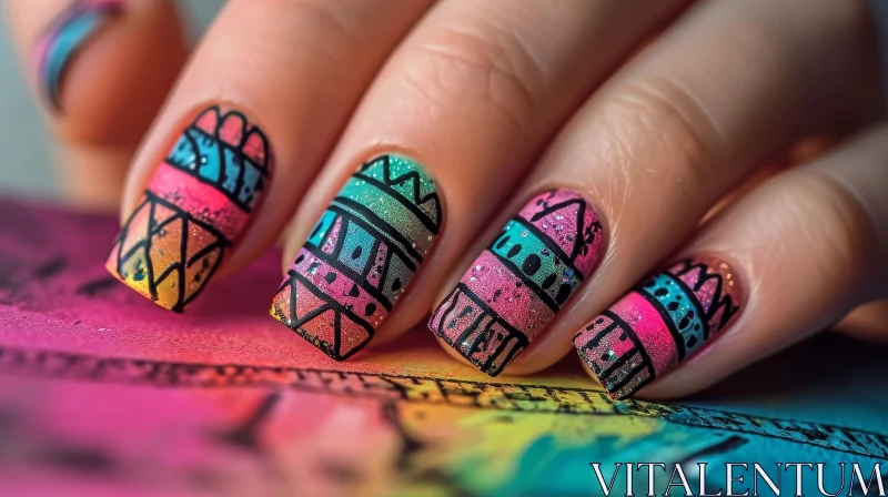 Colorful and Intricate Manicure on a Hand AI Image