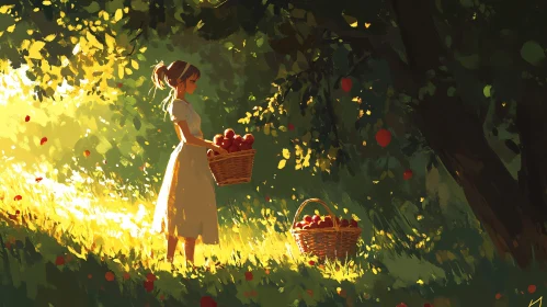 Girl Gathering Apples Art Print