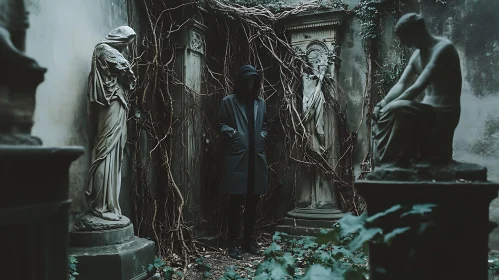 Hooded Figure in a Forgotten Cemetery