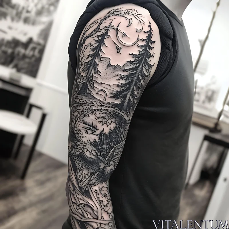 Mystical Forest Tattoo with Crescent Moon and Bird AI Image