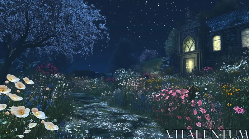 AI ART Floral Path to Illuminated Building at Night