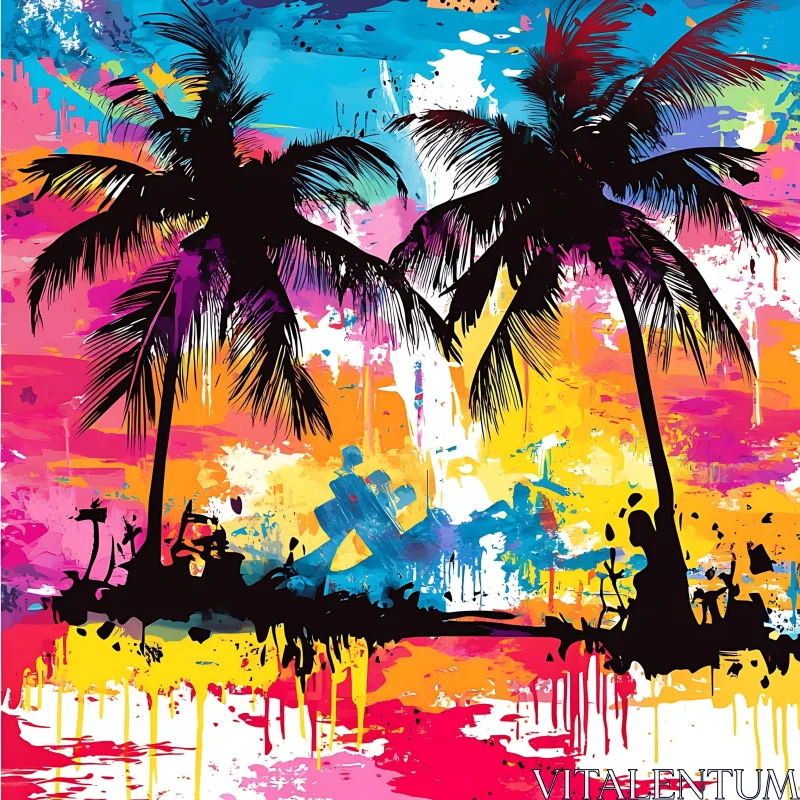 Color Splash Tropical Art with Palm Tree Silhouettes AI Image