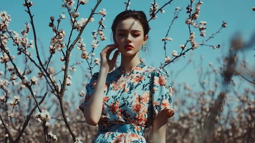 Woman in Floral Dress with Blossoms