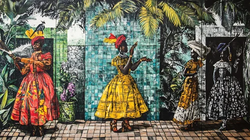 Colorful Ladies in Tropical Setting Artwork