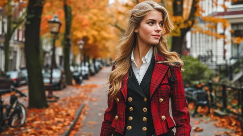 Enchanting Blonde Woman in Red Checkered Jacket Walking Down Street