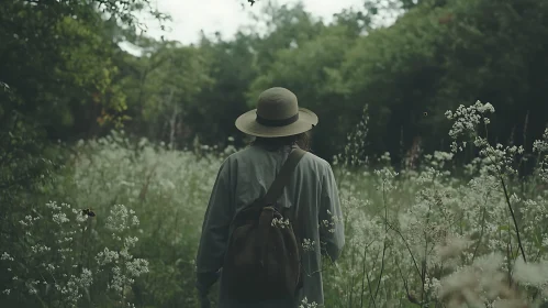 Person in hat with backpack in meadow