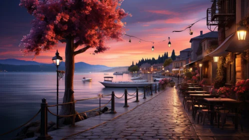 Romantic Waterfront Street Scene in Light Crimson Hues