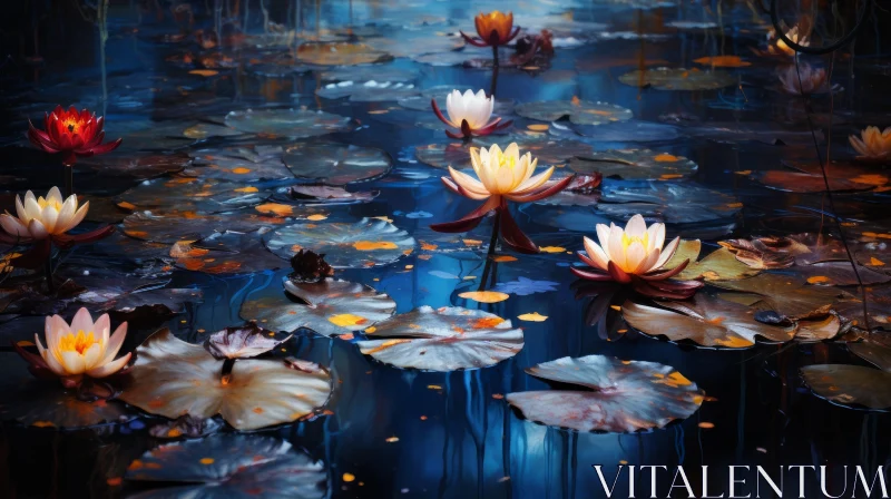 Water Lilies at Night: Artful Blend of Garden and Metropolis AI Image